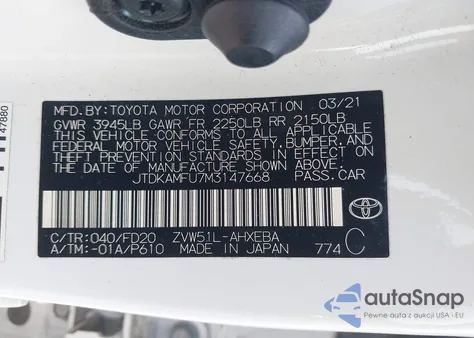 2021 Toyota Prius Le из США, поврежденный, VIN JTDKAMFU7M3147668